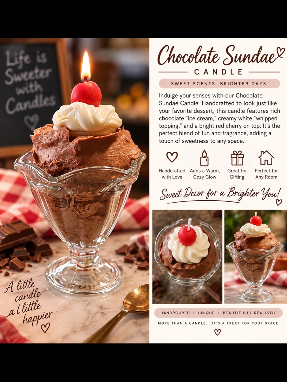 Chocolate Sundae Candle with Red Cherry and Cream Topping